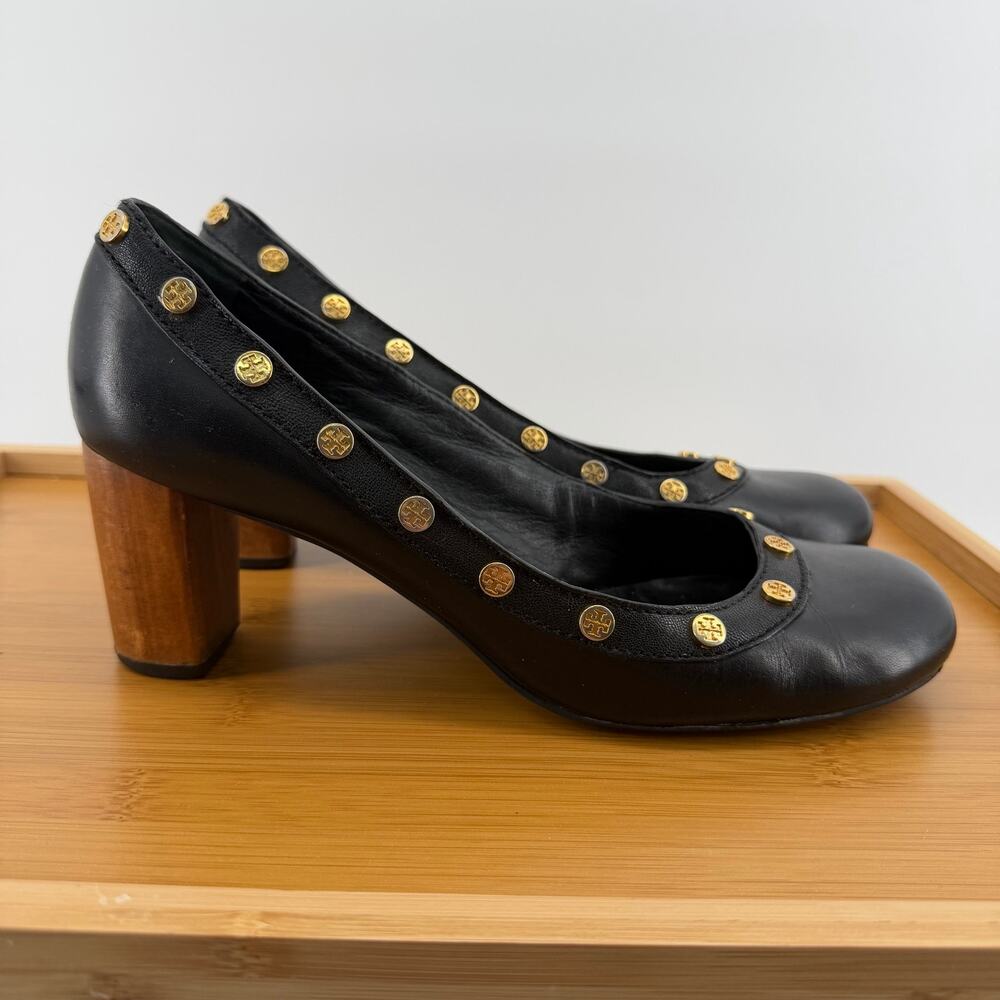 Tory Burch Black Leather Logo Studded Wood Block Heel Pumps Size 9.5M